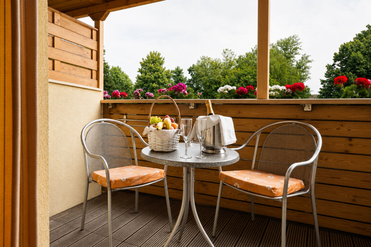 Balkon z mizico in sadjem v Hotelu Zeleni Gaj